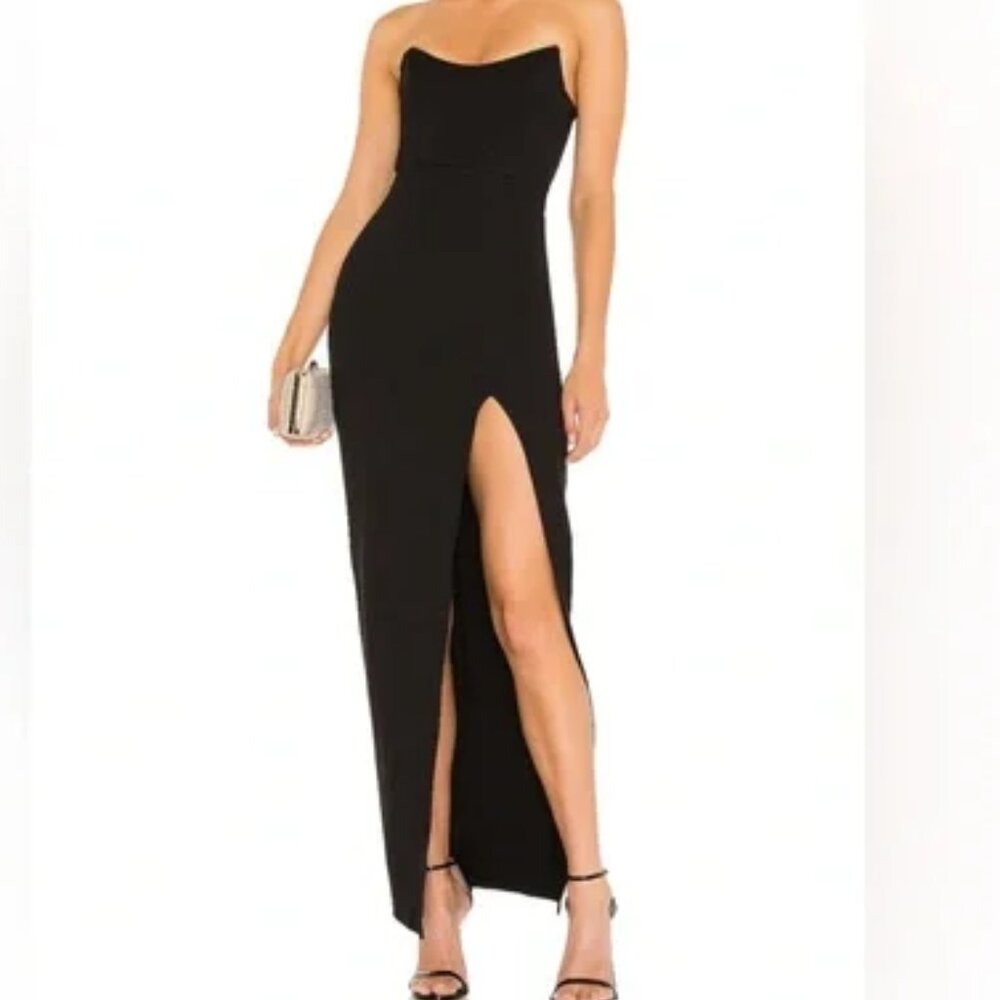 Revolve Ryleigh Superdown Black Strapless Evening Maxi Dress Thigh High Slit XS